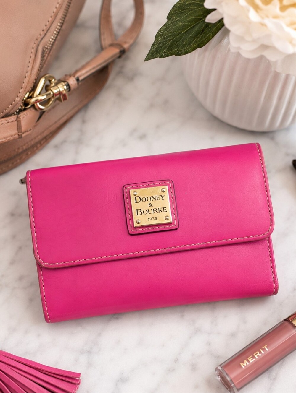 Dooney & Bourke Pink Leather Trifold Wallet Gold Logo